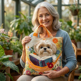 Ręcznie robiona torba - Shih Tzu z książkami i kwiatami