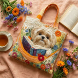 Ręcznie robiona torba - Shih Tzu z książkami i kwiatami