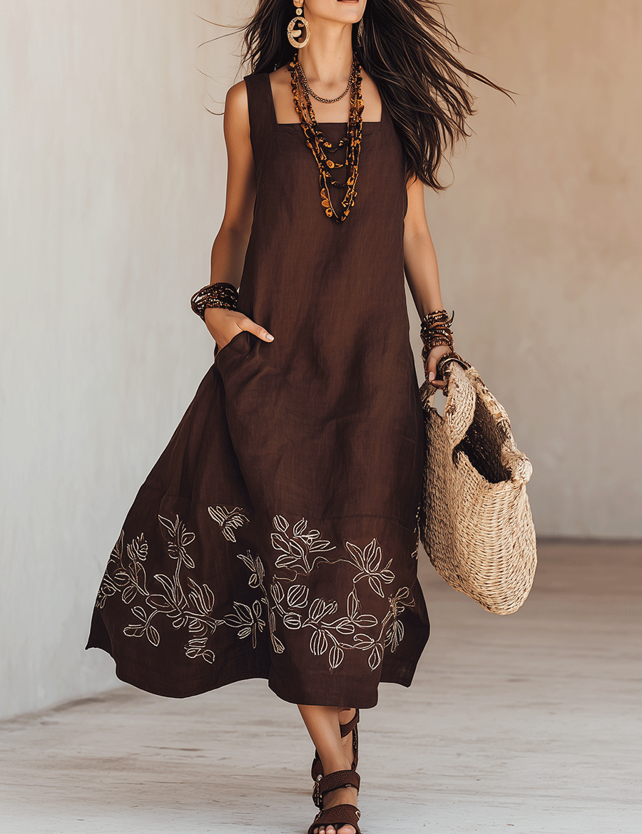 Noemia - Midi sukienka z lnu z haftami w stylu boho