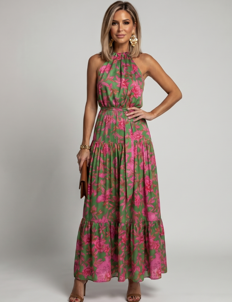 Elegancka różowa sukienka midi z dekoltem halter