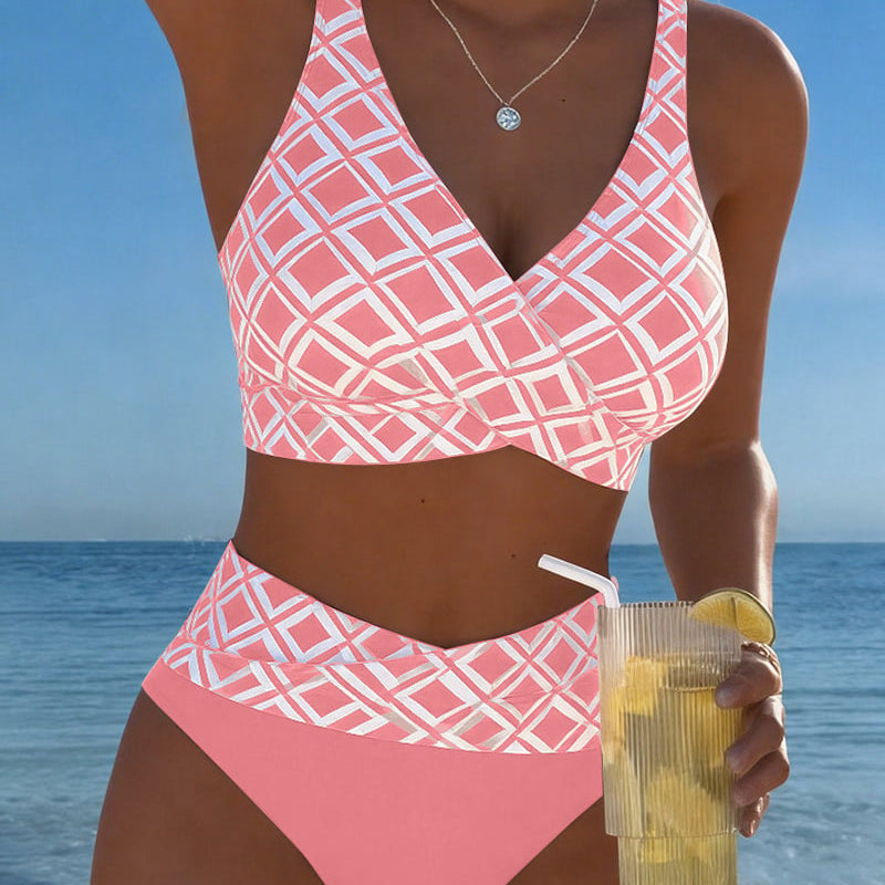 Sara - Bikini z Dwiema Częściami z Biustonoszem w Wycięciu i Wzorem Diamentowym