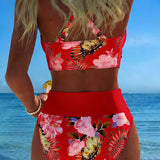 Lorena - Bikini z kontrastowym kwiatowym wzorem i rozcięciem