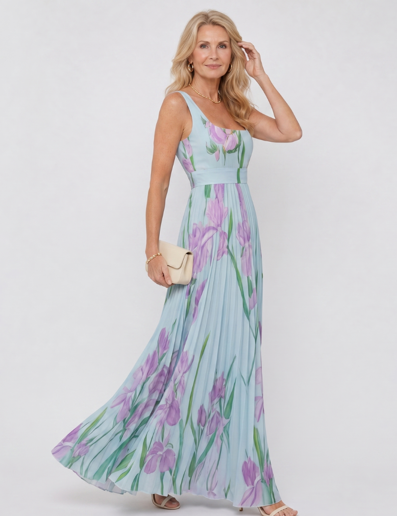 Sukienka Midi Bez Rękawów z Satyny z Kwadratowym Dekoltem i Eleganckimi Faldami