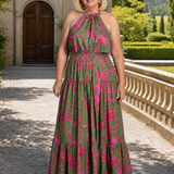 Elegancka różowa sukienka midi z dekoltem halter