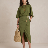 Marta - Midi Boho Sukienka w Oliwkowej Zieleni