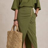Marta - Midi Boho Sukienka w Oliwkowej Zieleni