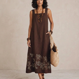 Noemia - Midi sukienka z lnu z haftami w stylu boho